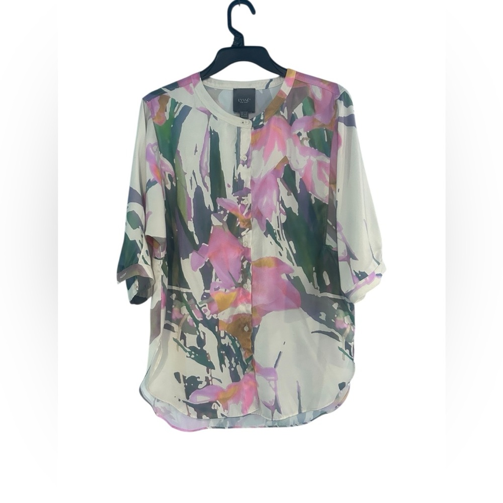 Lyssé Viviana Satin Blouse Top Jazzy Floral Watercolor Shirt Size Small